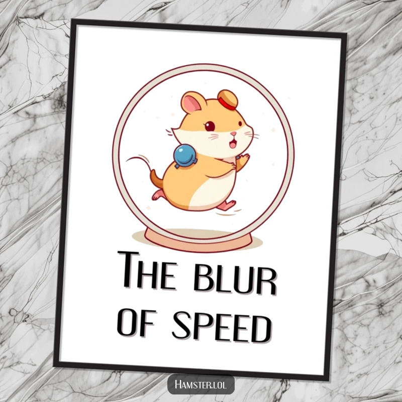 Funny hamster character running fast on a spinning wheel, available as a high-resolution digital art print.