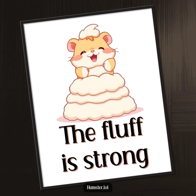 Funny digital art print of a happy hamster character focused on building a large, cozy tower out of bedding fluff.