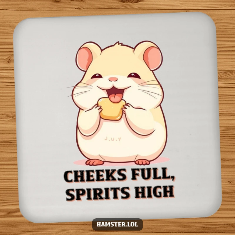 Funny hamster character stuffing its cheeks with joy on a drink coaster, adding adorable humor.