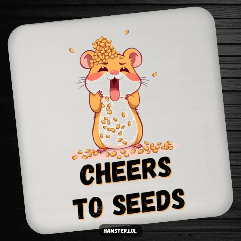 Funny drink coaster featuring an excited hamster building a large tower out of seeds, protecting surfaces with ambition.