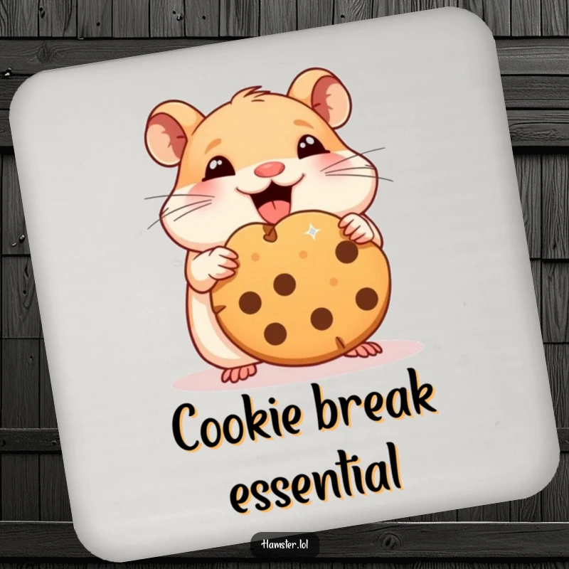 Funny hamster coaster featuring a character happily munching on a giant cookie, protecting surfaces.