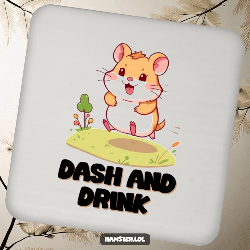 Funny Drink Coaster shows an energetic hamster dashing across a tiny landscape, adding a humorous and dynamic element to surface protection.
