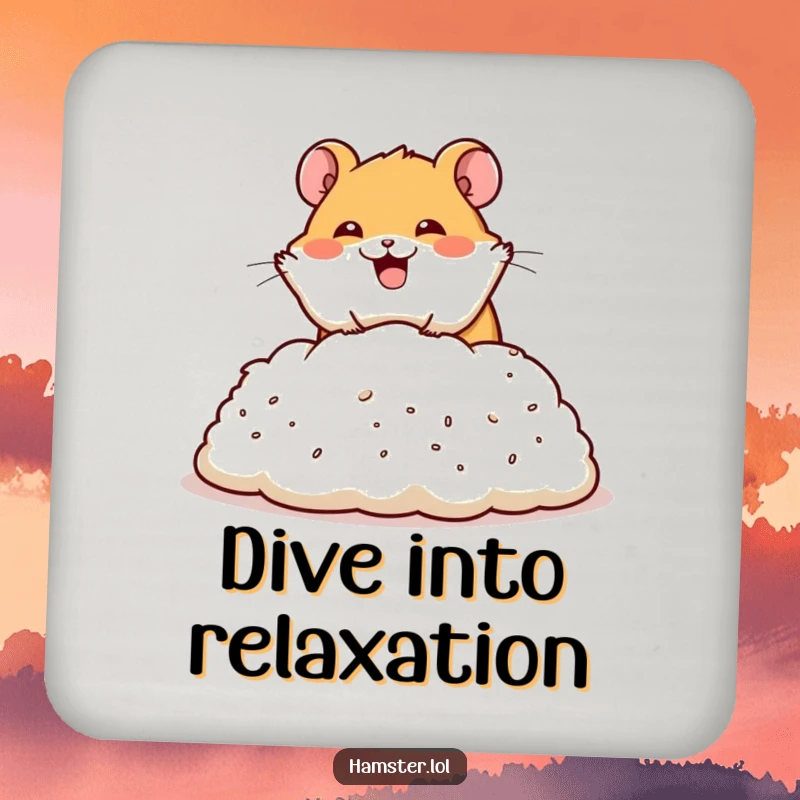 Funny drink coaster featuring a happy hamster character performing a dramatic dive into a pile of bedding, adding a humorous touch to surface protection.