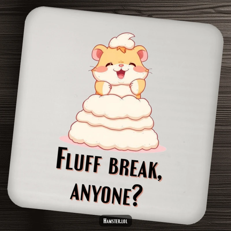 Funny drink coaster showing a busy hamster character happily constructing a tower of bedding fluff, guarding your table.