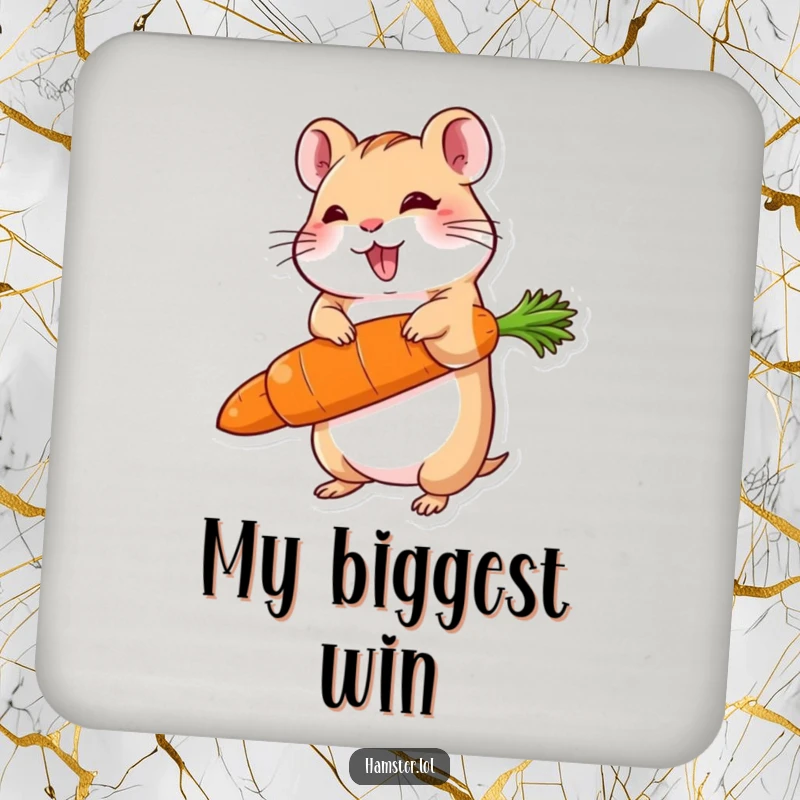 Funny drink coaster featuring a delighted hamster character balancing a carrot much larger than itself, adding a humorous touch to surface protection.