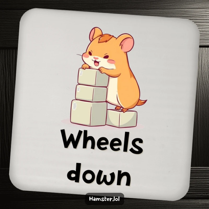Funny hamster coasters, a playful hamster character climbing a small stack of blocks, protecting your table with humor.