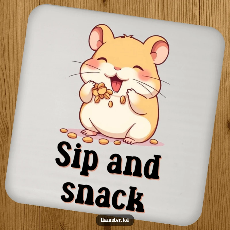Funny coaster featuring a hamster character enthusiastically stuffing its cheeks with seeds, perfect for protecting tables with charm.