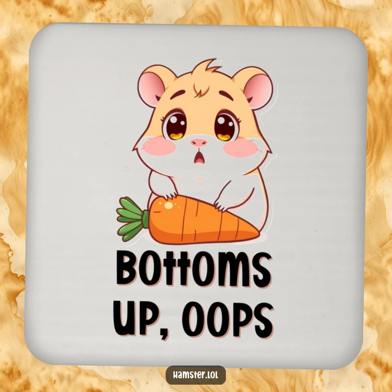 Funny drink coaster featuring a wide-eyed, surprised hamster sitting comically on a carrot, preventing drink rings.