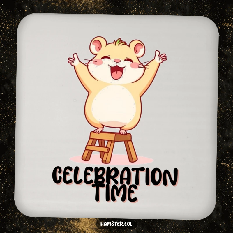 Funny Coaster: A happy hamster character triumphantly dancing on a tiny ladder, protecting surfaces with humor.