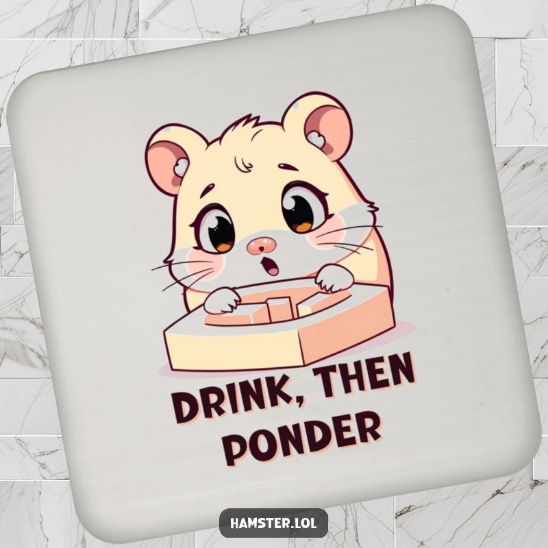 Funny surprised hamster character with widened eyes looking at a tiny maze, a set of coasters with humorous designs.