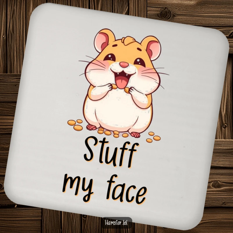 Funny drink coaster featuring a joyful hamster character enthusiastically stuffing its cheeks with seeds, protecting surfaces with style.