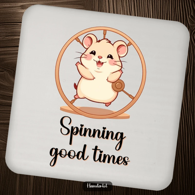 Funny hamster character enthusiastically running on a spinning wheel with glee, a set of coasters with humorous designs.