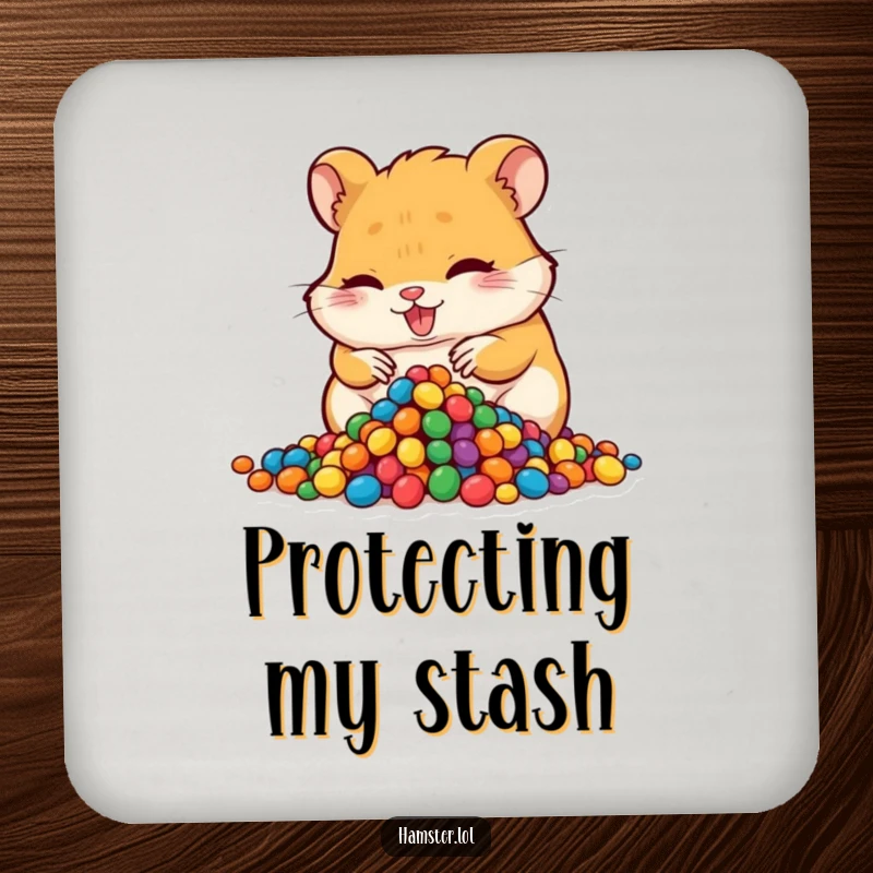 Funny hoarding hamster coasters, a mischievous hamster character hoarding colorful beads, protecting your table with humor.