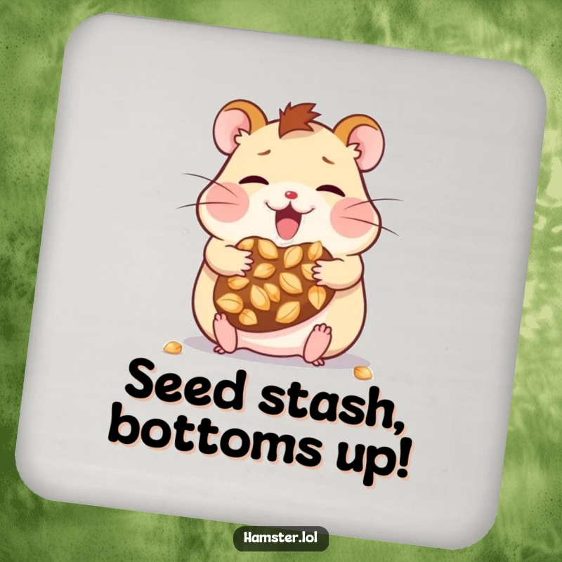 Funny kawaii hamster character with cheek pouches full of seeds, on a protective and humorous drink coaster.