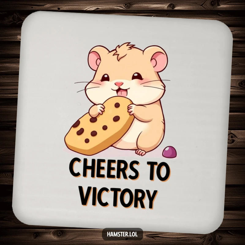 Funny wobbly hamster coasters, a hamster trying to hoard an oversized treat, protecting your table with humor.