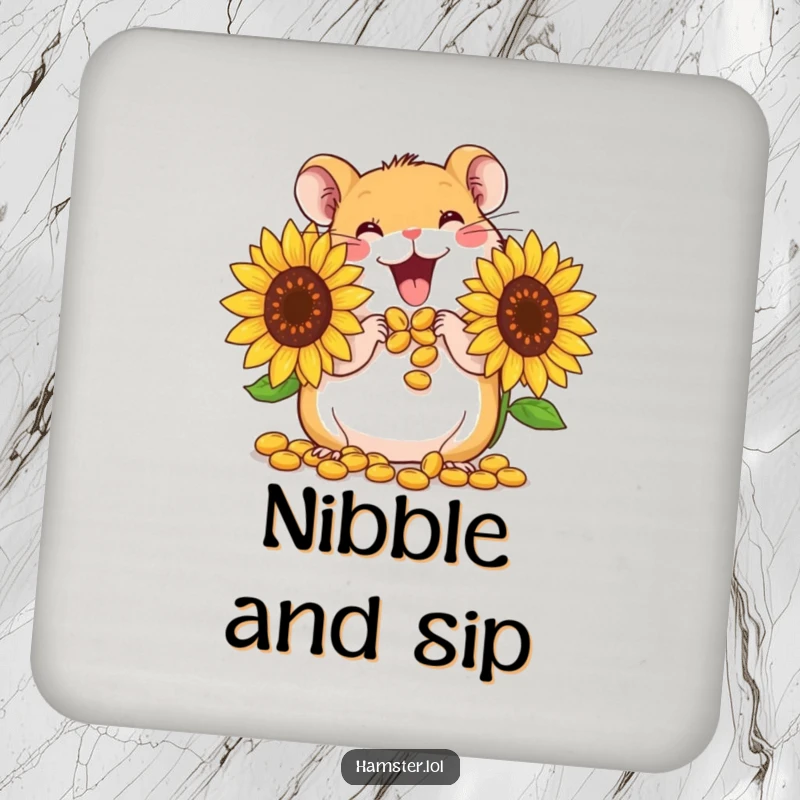 Funny Coaster: A cute hamster character gleefully stuffing its cheeks with giant sunflower seeds, adding charm with protection.