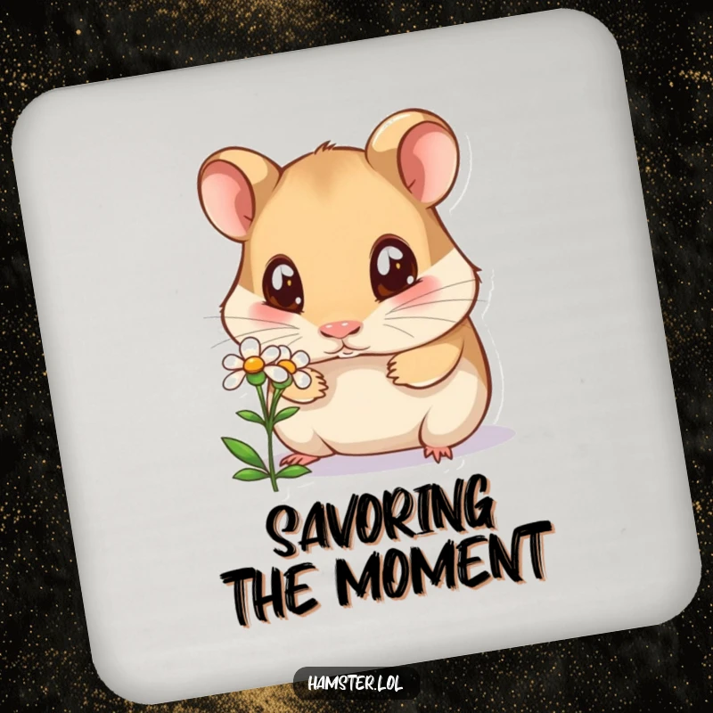 Funny curious hamster coasters, a hamster with wide eyes sniffing a tiny flower, protecting your table with humor.