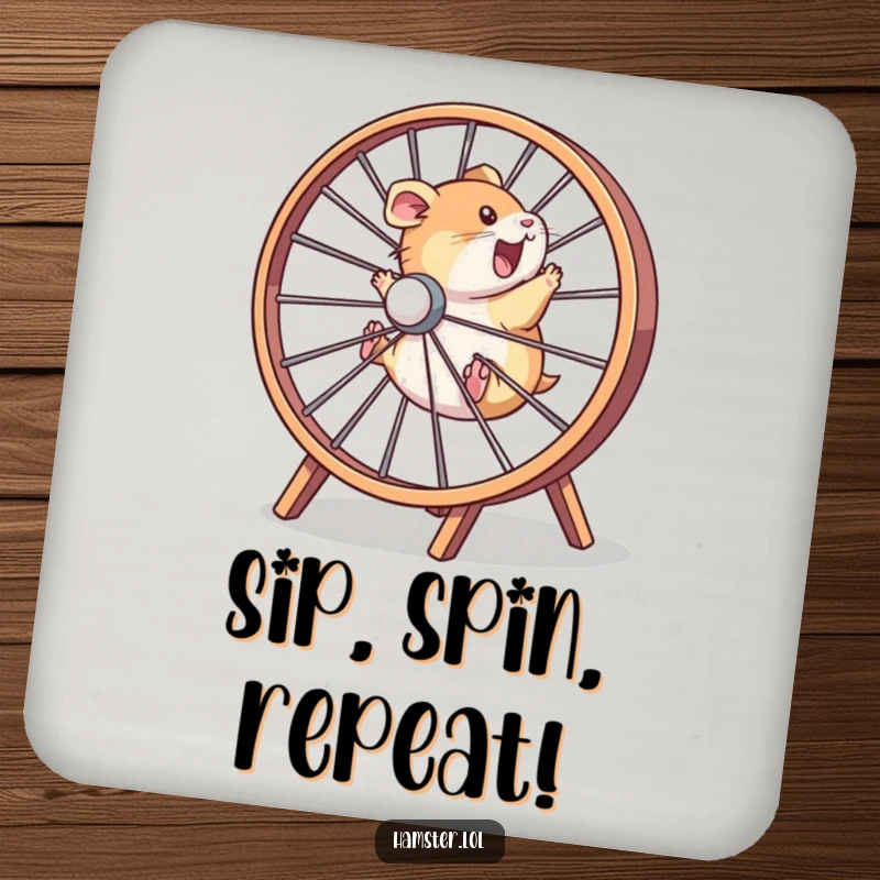 Funny hamster character running in a wheel, on a durable and humorous drink coaster.