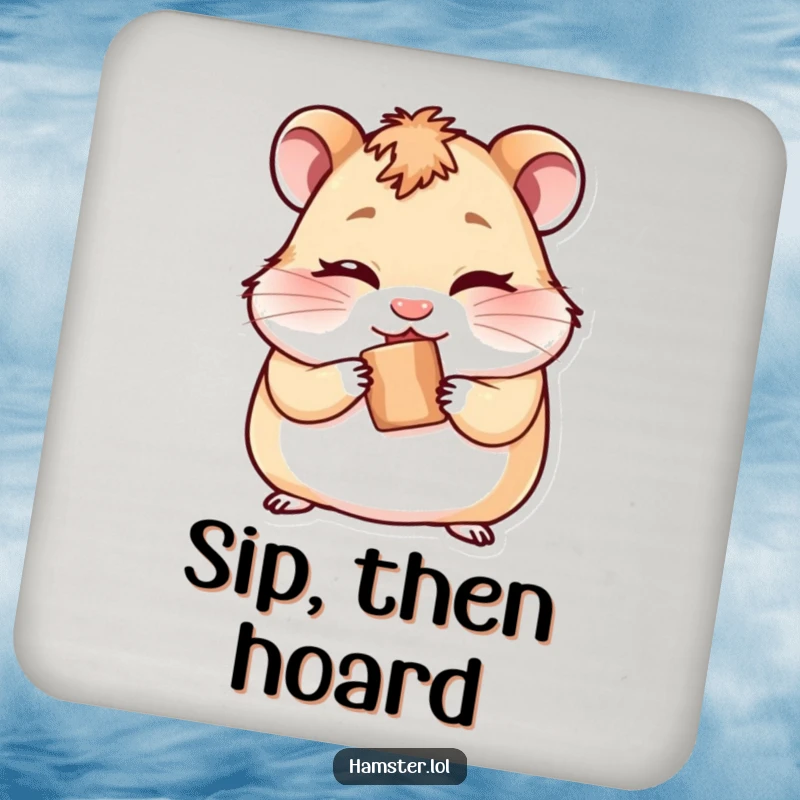 Funny drink coaster featuring a cheeky hamster winking while hiding a tiny treat, preventing drink rings with style.