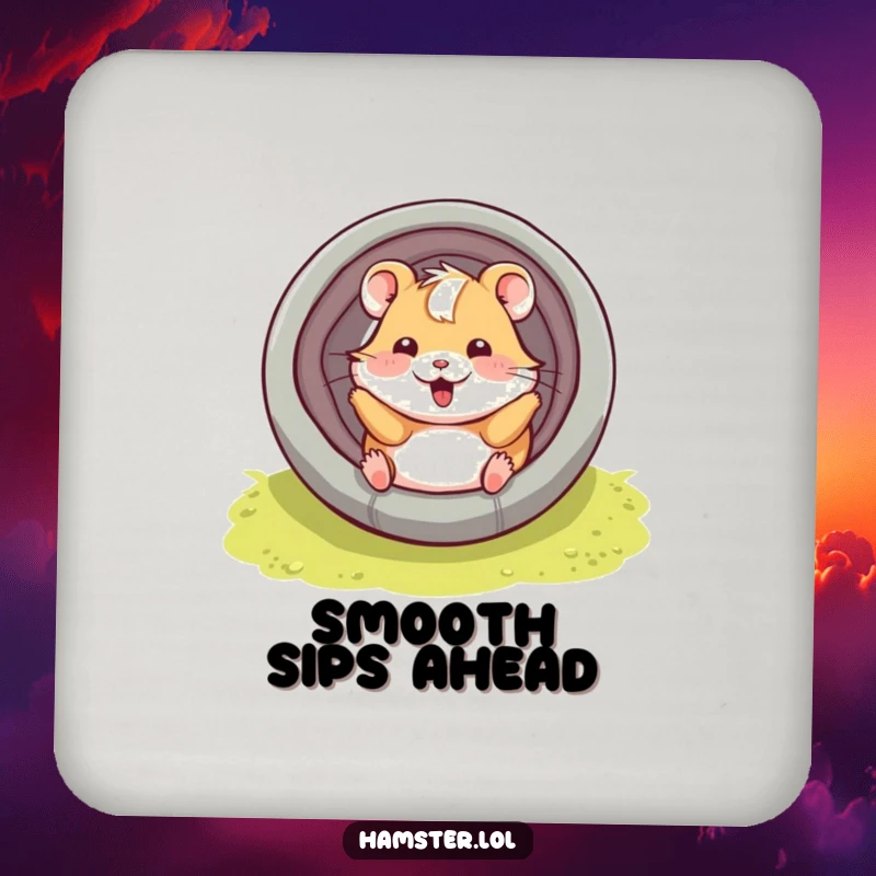 Funny hamster character playfully sliding down a tube with a smile, a set of coasters with humorous designs.