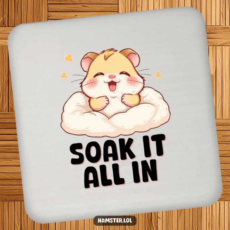 Funny drink coaster featuring a giggling hamster buried gleefully in soft bedding, protecting surfaces with comfort.
