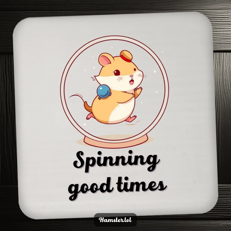 Funny hamster character running fast on a spinning wheel on a drink coaster, adding energetic humor.