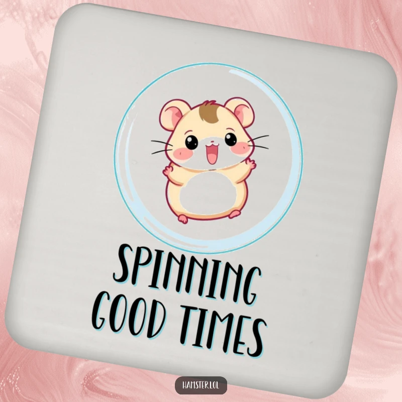 Funny hamster ball coasters, a cheerful hamster character zipping inside a clear ball, protecting your table with humor.