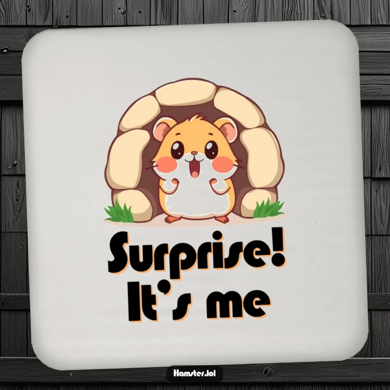 Funny drink coaster featuring a surprised hamster character emerging from a tiny tunnel, adding a touch of humor to surface protection.
