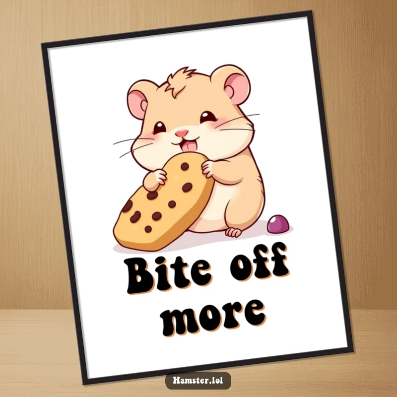 Funny wobbly hamster poster, a hamster comically trying to hoard an oversized treat, humorous and artistic wall decor.