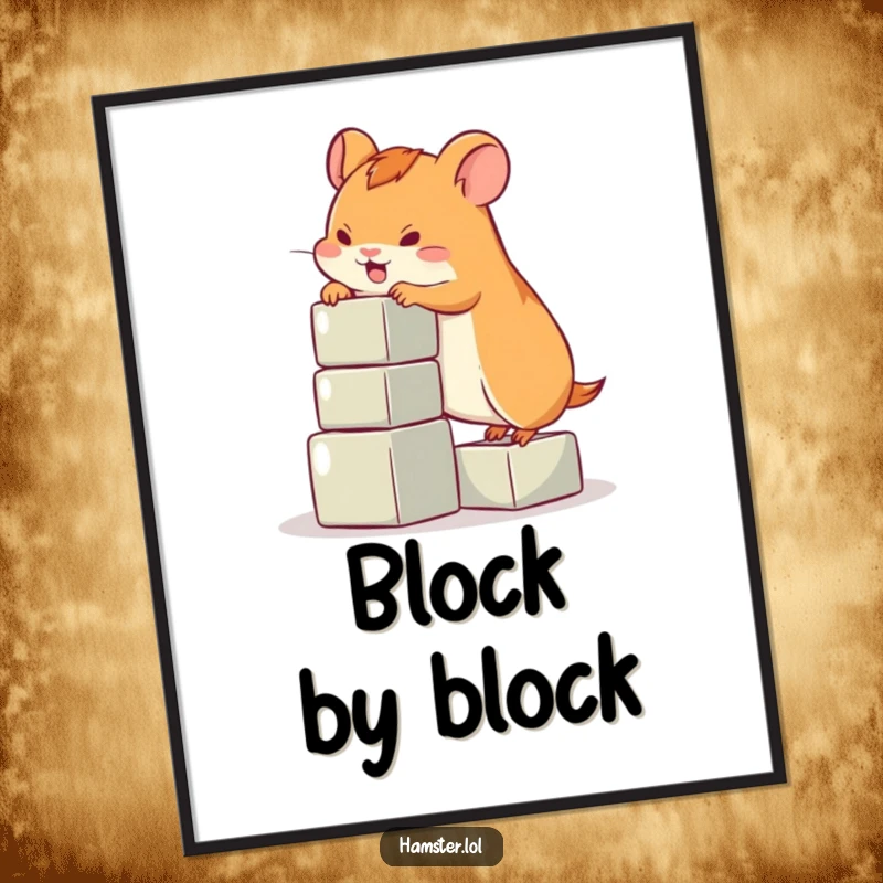 Funny hamster poster, a playful hamster character attempting to ascend a small stack of colorful blocks, a humorous artistic depiction.
