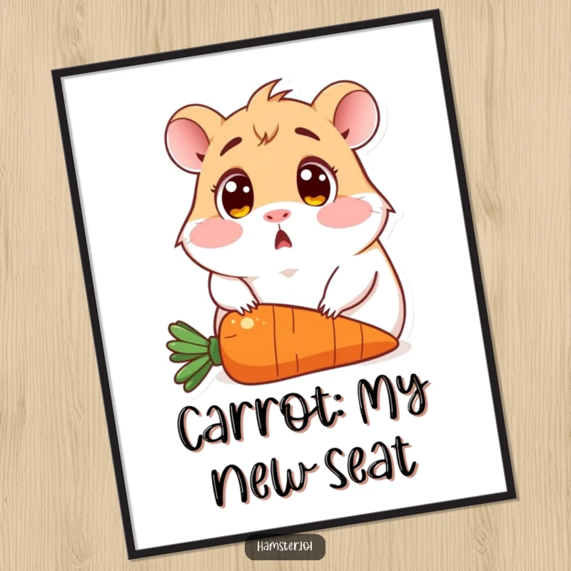 Funny poster showcasing a wide-eyed, surprised hamster accidentally sitting on a bright orange carrot, capturing a moment of pure shock.