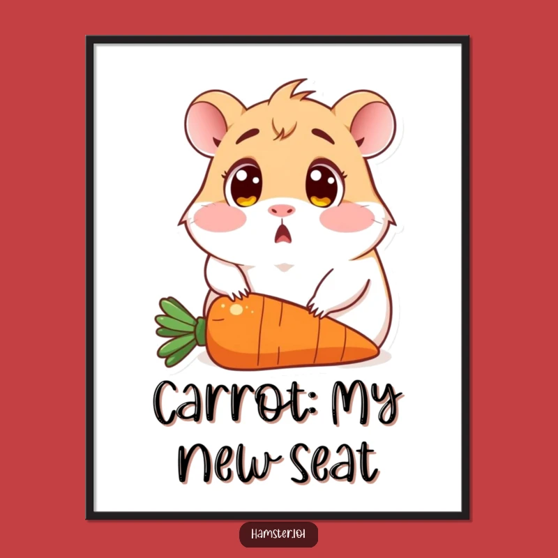 Funny Surprised Hamster Poster: Wall art of wide-eyed rodent on carrot, a hilarious funny gift