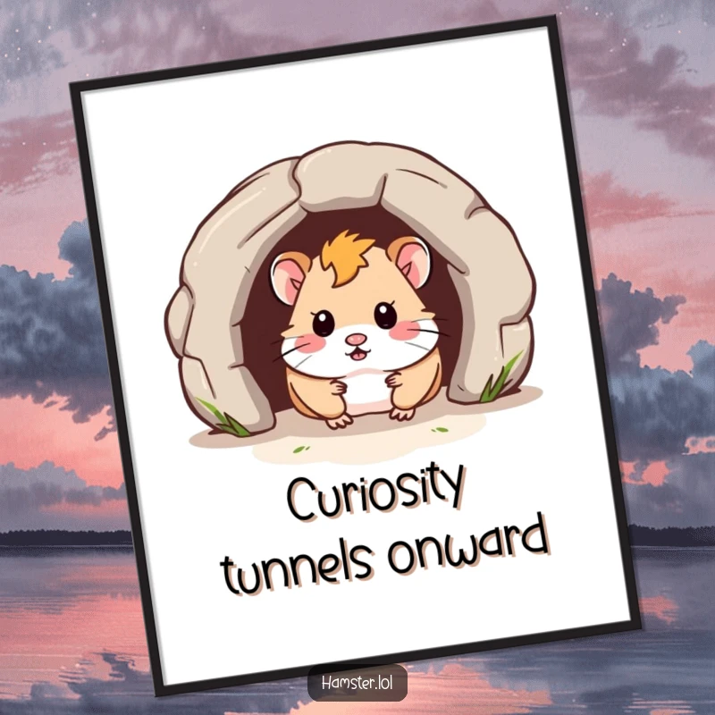 Funny Poster illustrates a hamster peeking out from a tiny tunnel, evoking curiosity, surprise, and a humorous moment.