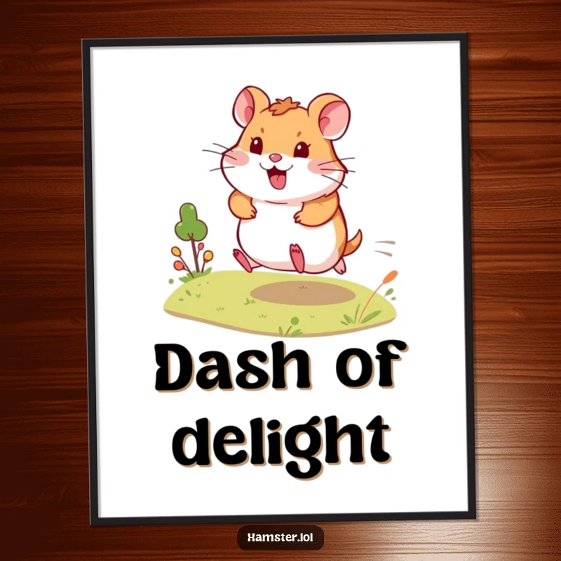 Funny Poster illustrates an energetic hamster making a happy dash across a tiny detailed landscape, creating a humorous and lively scene.