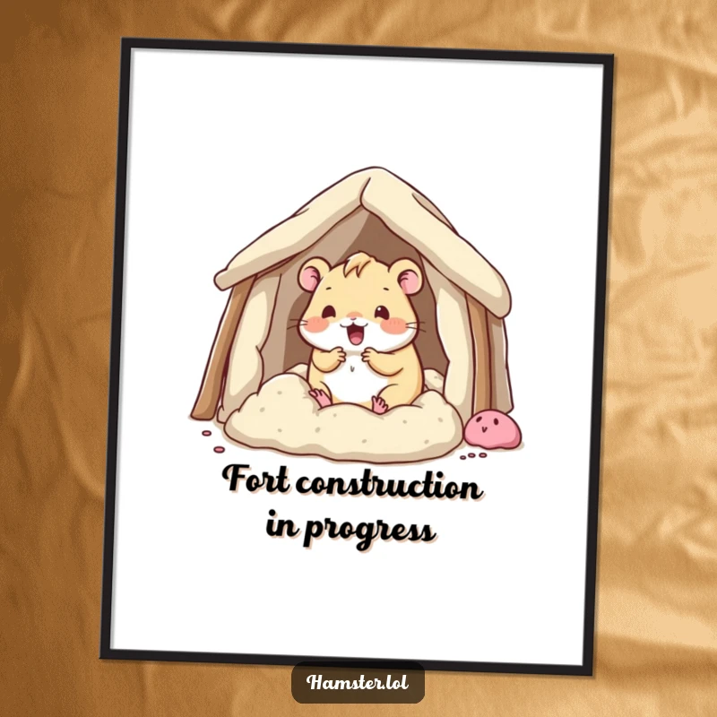 Funny kawaii hamster character enthusiastically building a fort with bedding, creating a humorous and charming poster print.