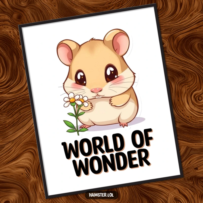 Funny curious hamster poster, a hamster with wide eyes sniffing a tiny flower, humorous and artistic wall decor.