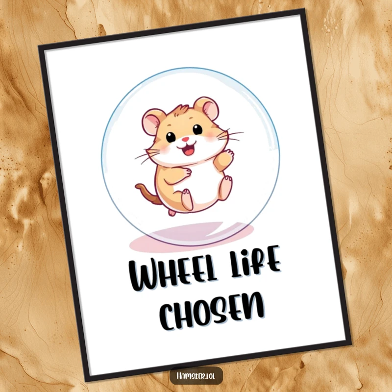 Funny Poster: A playful hamster character energetically rolling inside a transparent ball, creating vibrant wall art.
