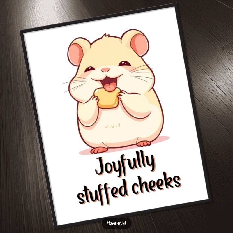 Funny hamster character stuffing its cheeks with joy, presented as charming and amusing wall art.