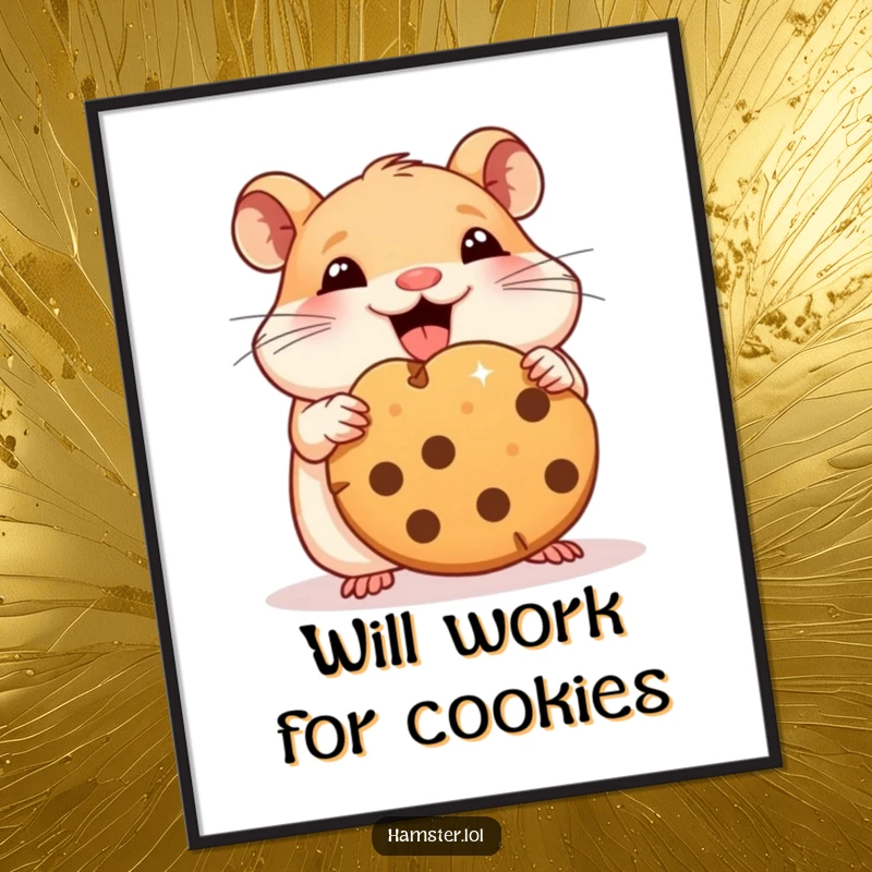 Funny hamster poster illustrating a delighted character mid-bite into an enormous cookie, embodying pure snack bliss.