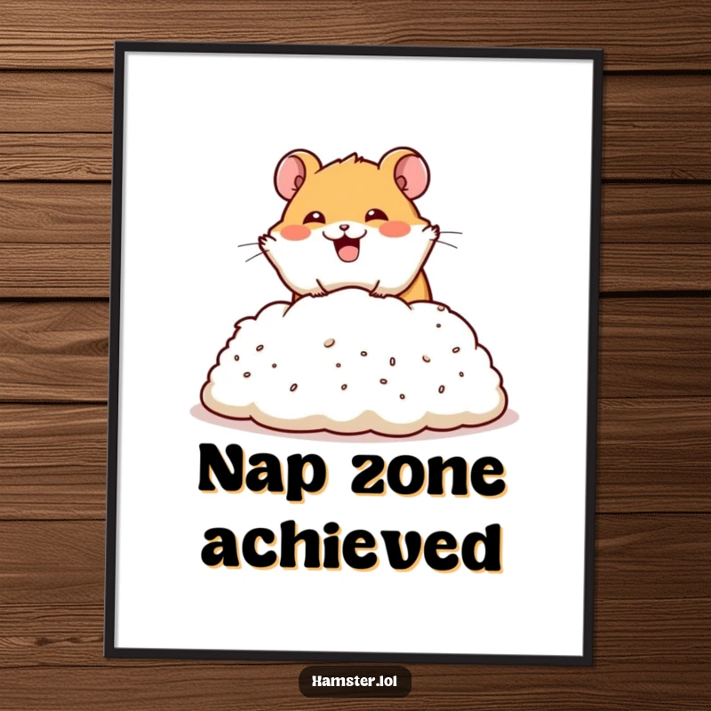 Funny poster print of a happy hamster character performing a dramatic dive into a pile of bedding, capturing a moment of pure bliss.