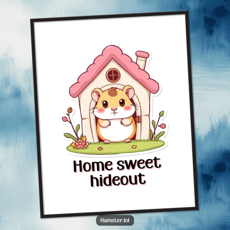 Funny Poster: A curious hamster character peeking out from a miniature house, creating charming wall art.
