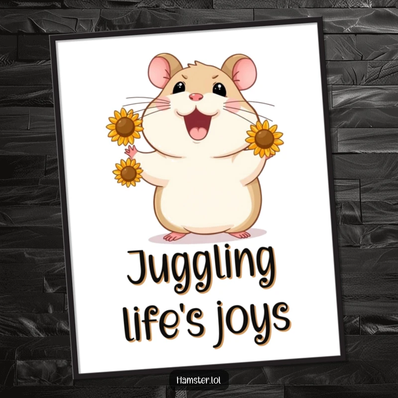 Funny Poster illustrates a happy hamster juggling small sunflower seeds with its paws, creating a cheerful and humorous scene.