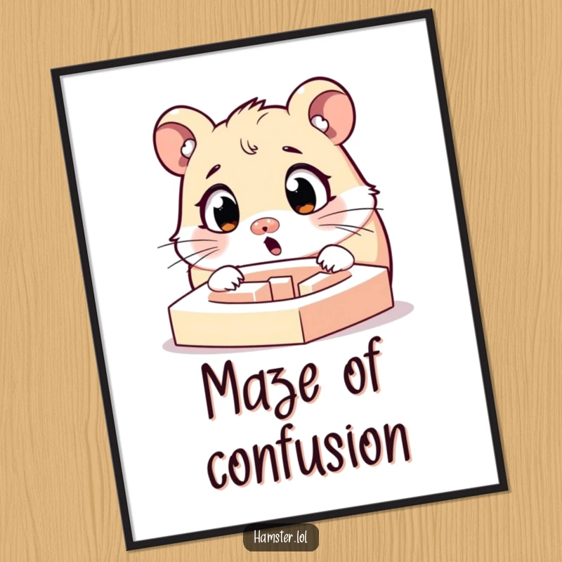 Funny surprised hamster character with widened eyes looking at a tiny maze, a humorous poster print for any wall.
