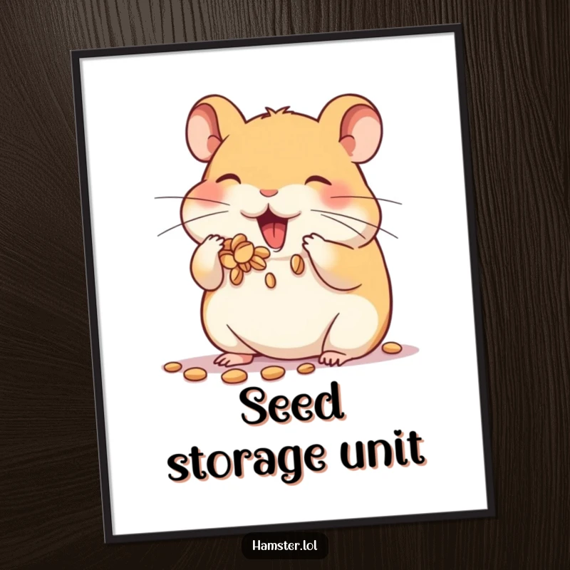 Funny poster depicting a hamster character enthusiastically stuffing its cheeks full of seeds, perfect for adding cute humor to decor.