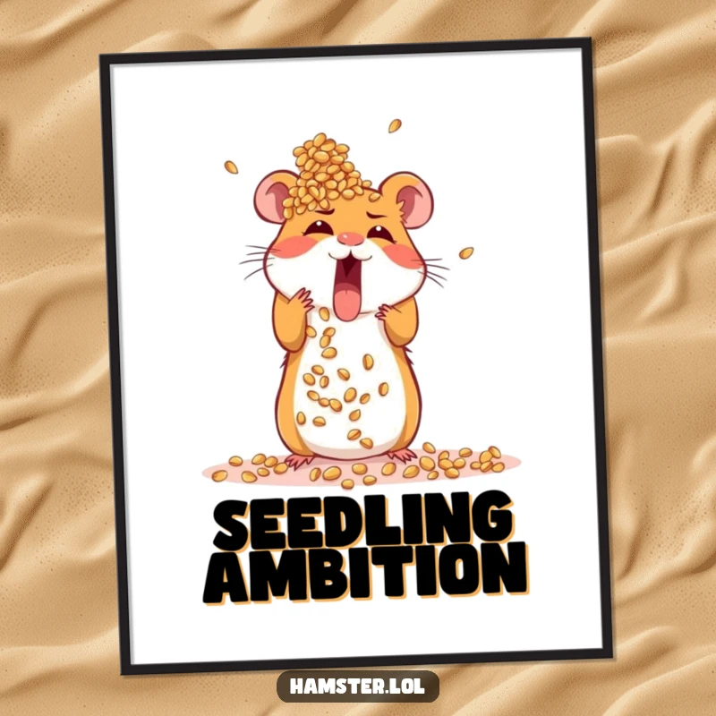 Funny poster featuring an excited hamster intensely focused on building a large tower out of seeds, inspiring ambition.