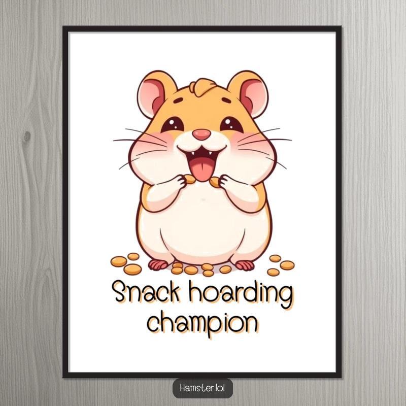 Funny poster print of a joyful hamster character enthusiastically stuffing its cheeks with seeds, capturing a moment of pure delight.