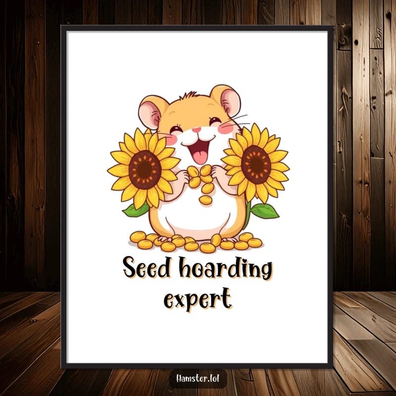 Funny Poster: A cute hamster character gleefully stuffing its cheeks with giant sunflower seeds, adding charm to decor.