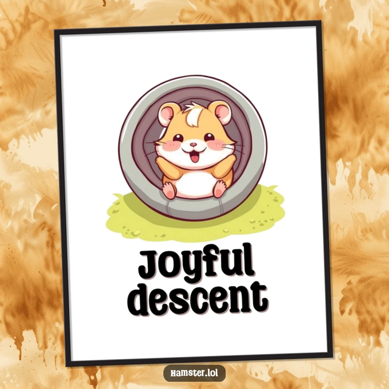 Funny hamster character playfully sliding down a tube with a smile, a humorous poster print for lighthearted decor.