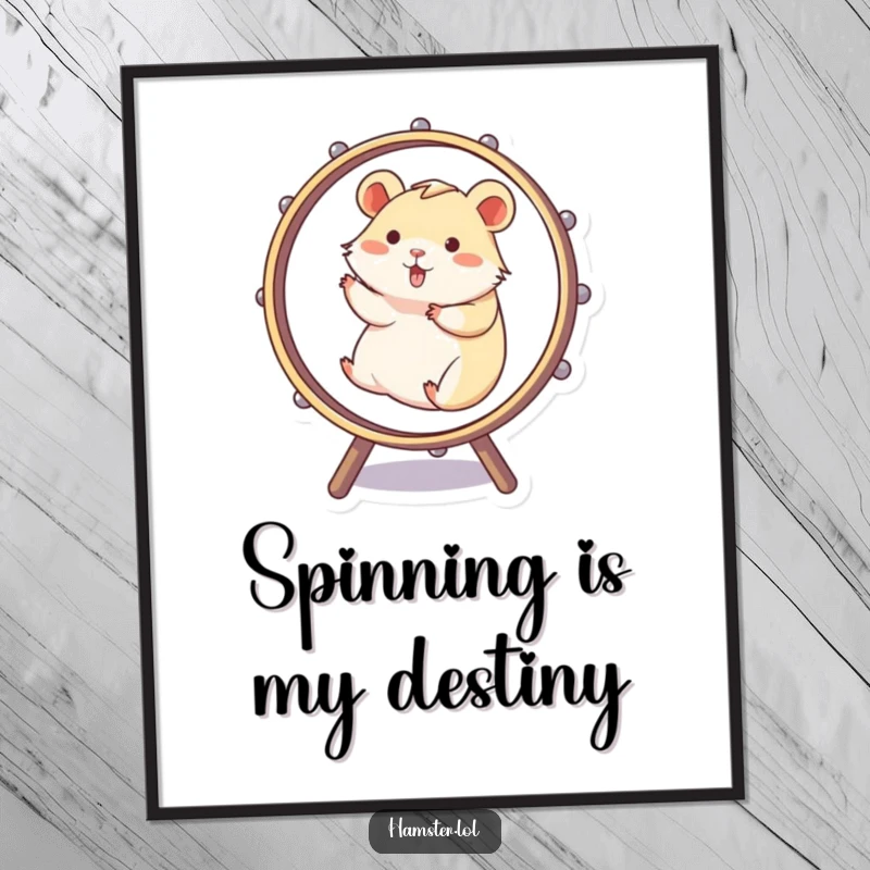 Funny Poster shows a hamster comically spinning in a large wheel, capturing a moment of pure, energetic, and humorous motion.