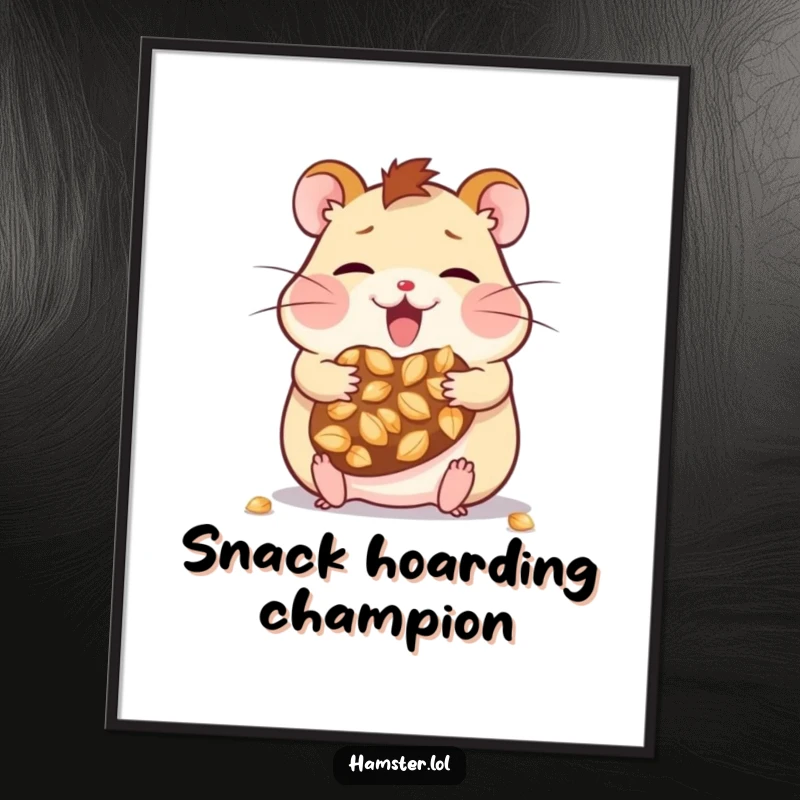 Funny kawaii hamster character packed cheeks with seeds, creating a humorous and delightful piece of wall art for a poster.